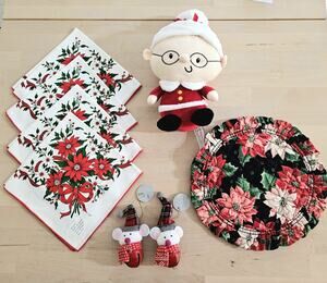 Lot Of Vintage Christmas Decor Items, NEW napkins, Mouse ornaments, Mrs. Claus